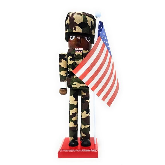 Ethnic Military Patriotic Veteran 10" Nutcracker with USA Flag - Picture 1 of 4